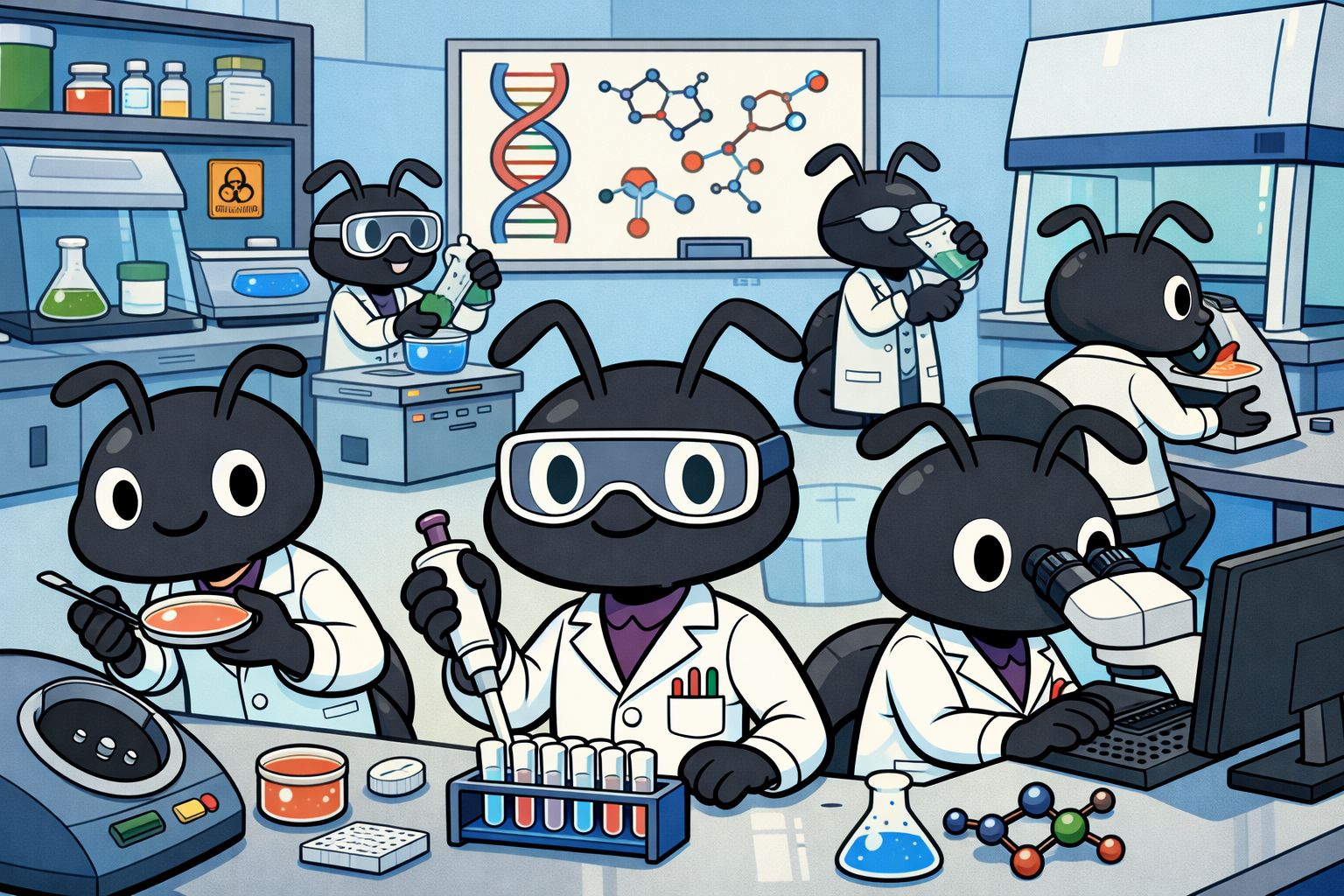 Cartoon ants working in a molecular biology lab